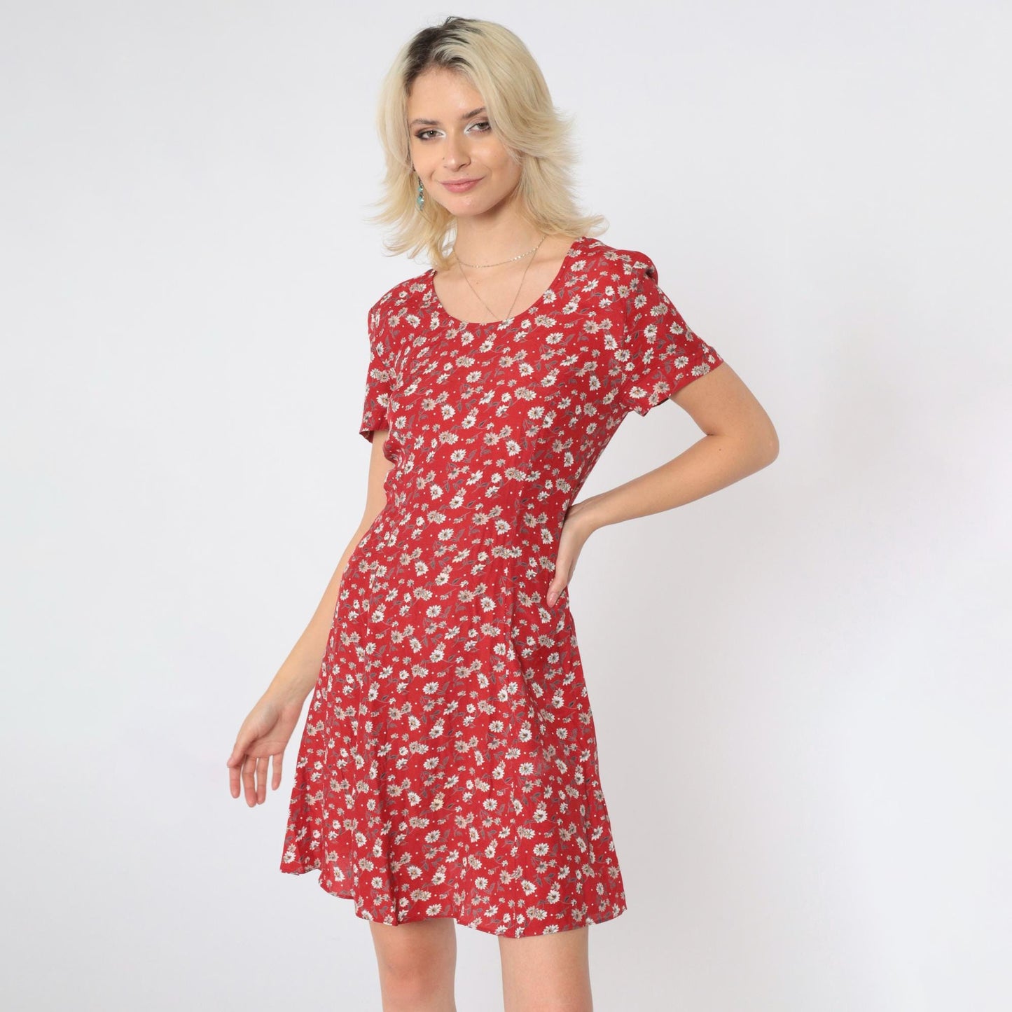 90s Rampage Red Floral Mini Dress Fit and Flare Scoop Neck Small