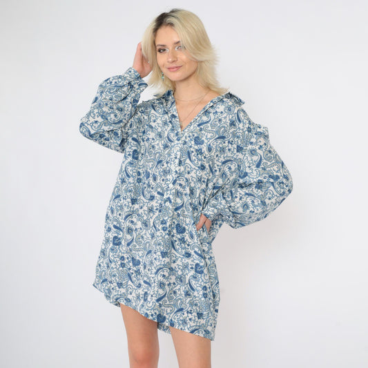90s Blue Paisley Button-Up Blouse White Long Sleeve Collared Extra Large