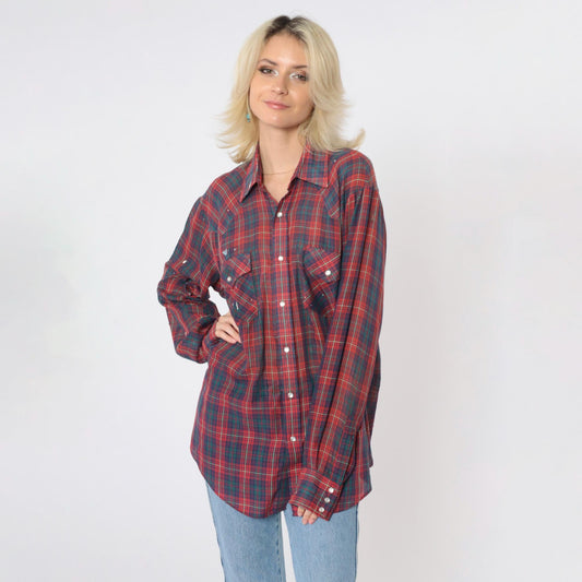 80s Western Pearl Snap Shirt Plaid Paint Splatter Distressed Large L