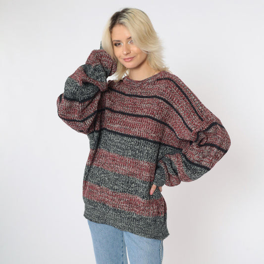 80s Wrangler Striped Knit Sweater Red Black Marled Crewneck Extra Large XL
