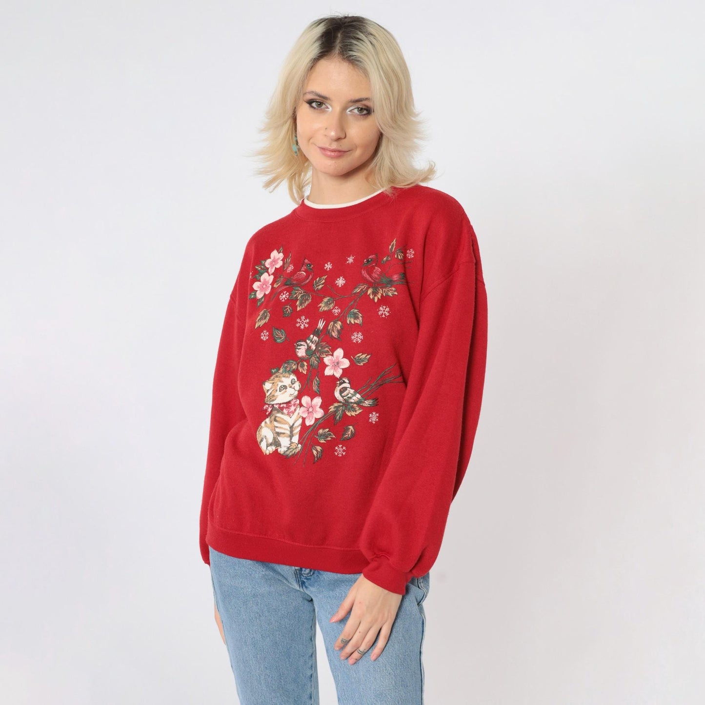 90s Cat Cardinal Sweatshirt Red Kitten Cherry Blossom Graphic Crewneck Medium M