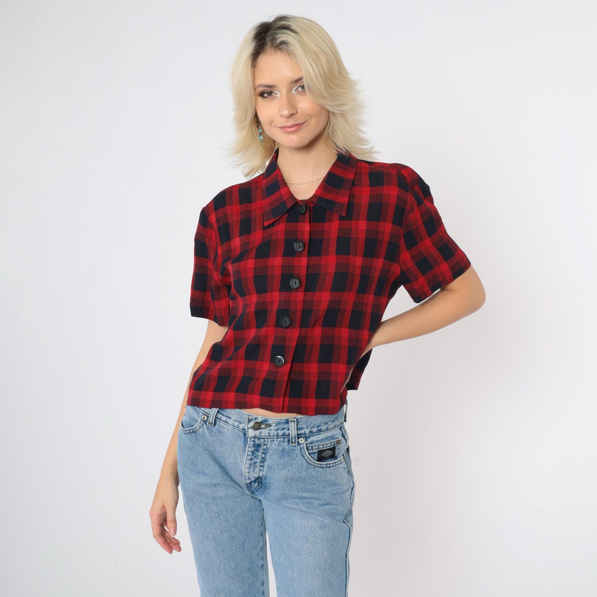 90s Jessica Howard Red Black Checkered Button-Up Blouse Short Sleeve Medium M