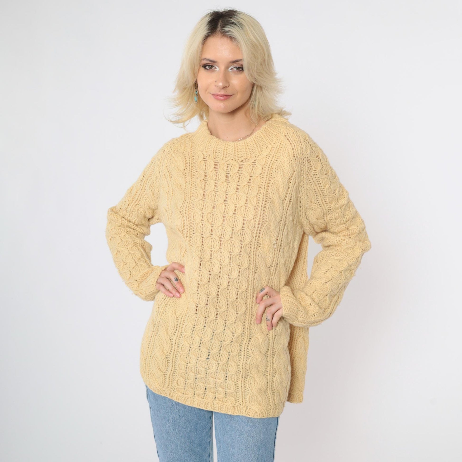 80s Yellow Cable Knit Sweater Crewneck Pullover Semi-Sheer Large L