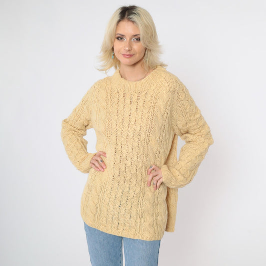 80s Yellow Cable Knit Sweater Crewneck Pullover Semi-Sheer Large L