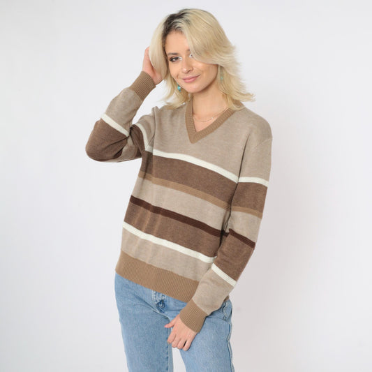 80s Tan Striped V-Neck Sweater Pullover Knit Small