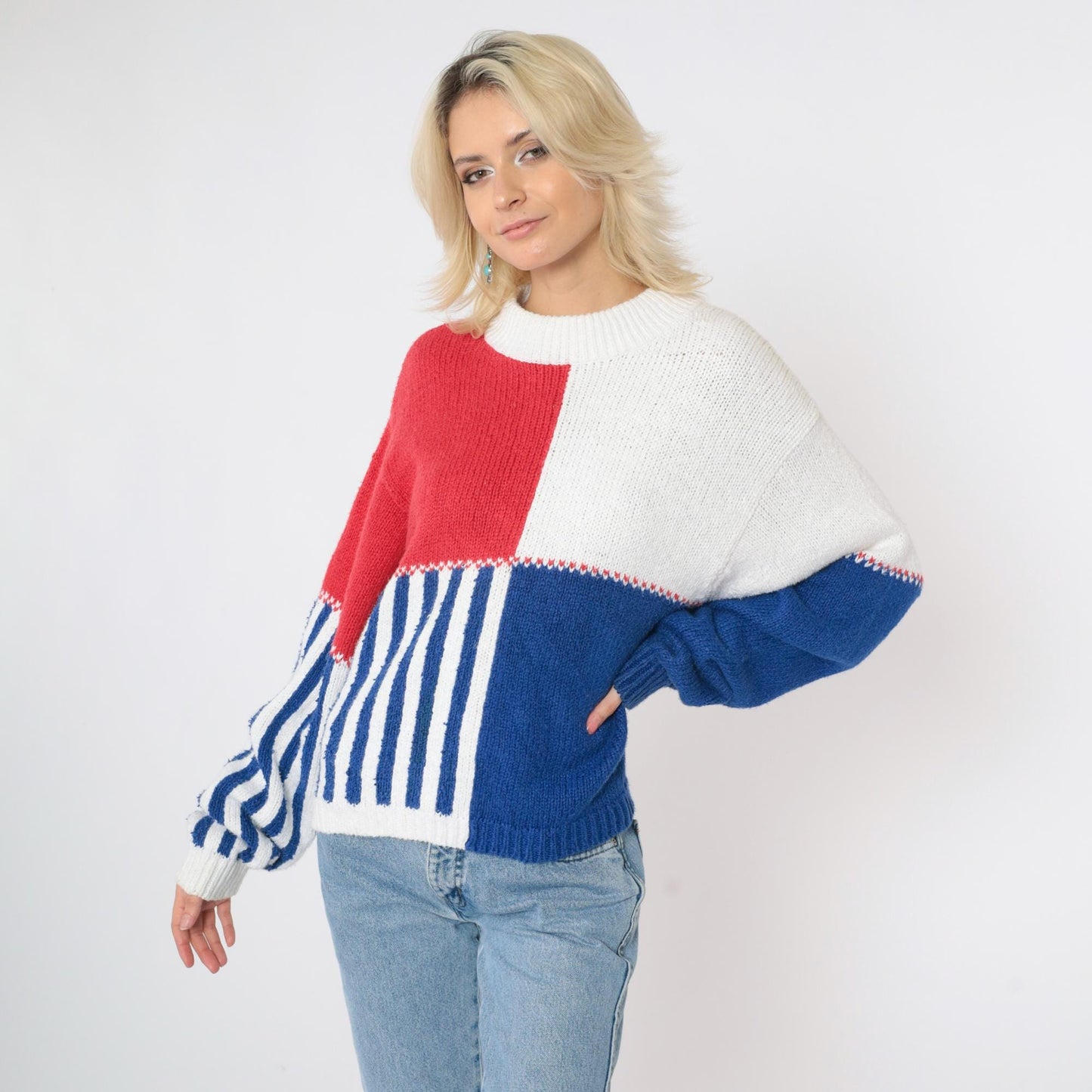 90s Lizsport Color Block Sweater Red White Blue Ramie Cotton Crewneck Medium M