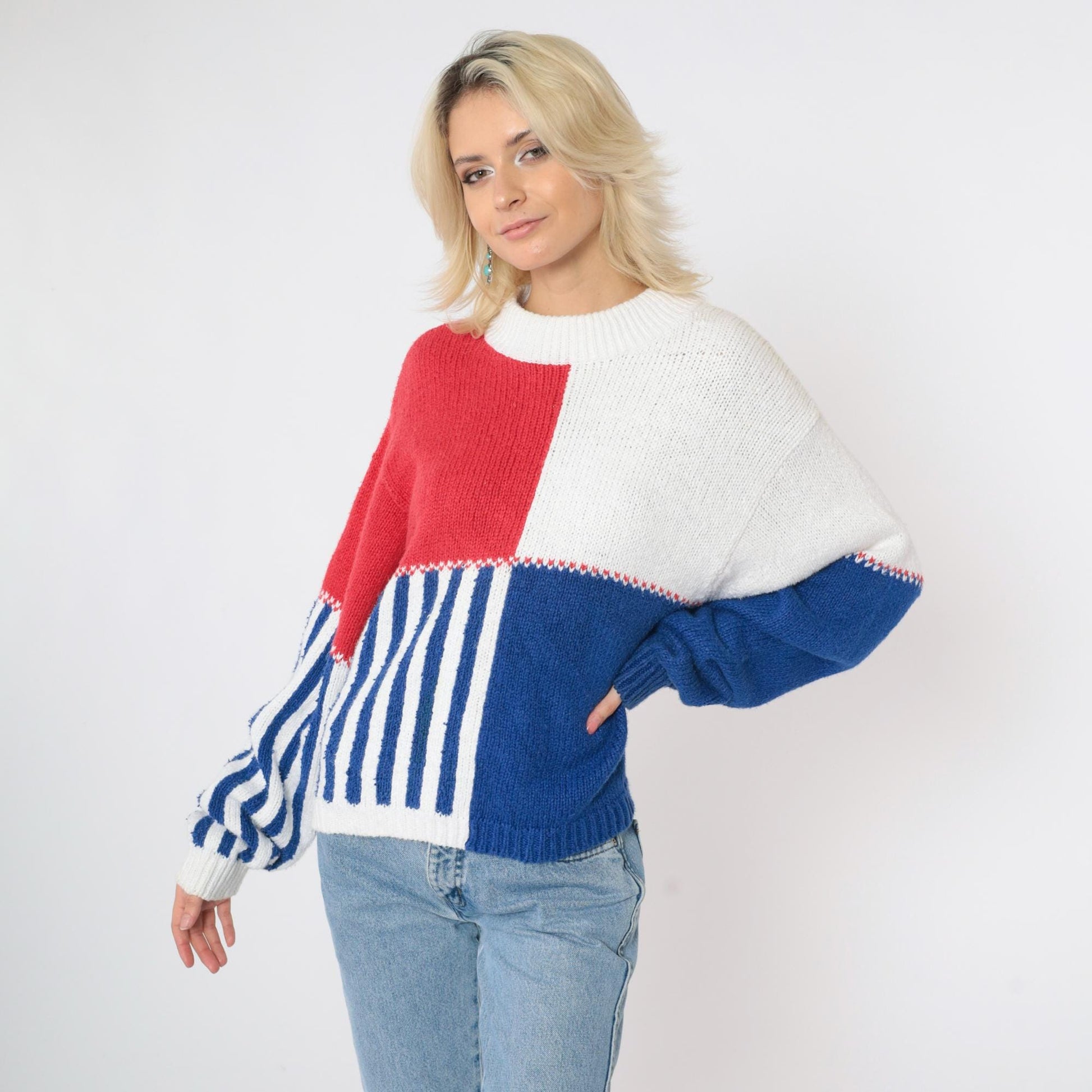 90s Lizsport Color Block Sweater Red White Blue Ramie Cotton Crewneck Medium M