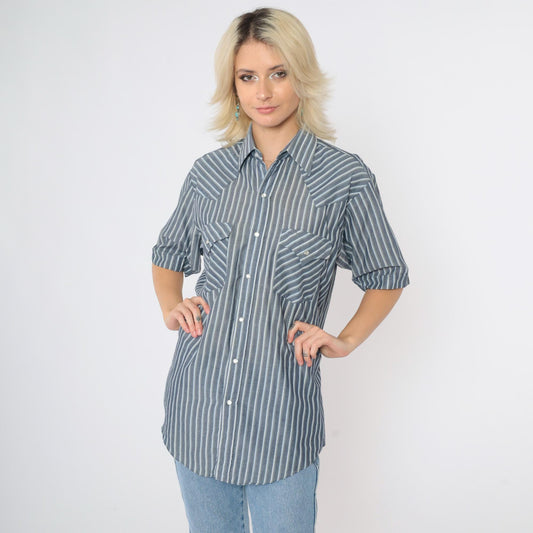90s Plains Western Wear Pearl Snap Shirt Grey Striped Short Sleeve Small