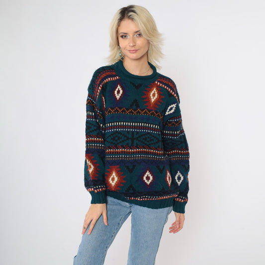 90s Early Winters Wool Southwestern Sweater Teal Geometric Roll Neck Medium M