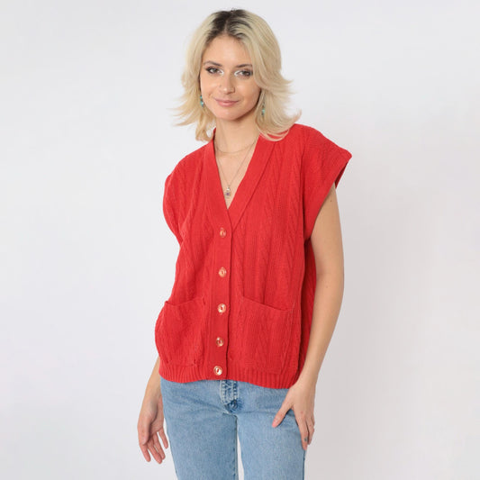 80s Red Cable Knit Vest Button-Up Cap Sleeve Top Medium Large