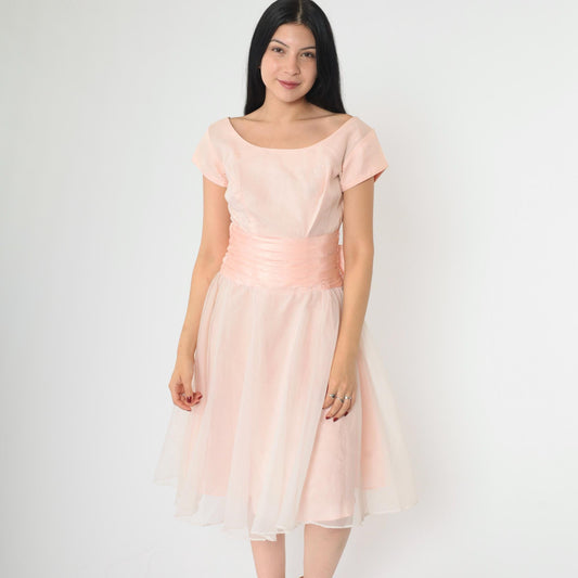 1950s Pink Taffeta Party Dress Chiffon Overlay Bow Back Knee Length Small