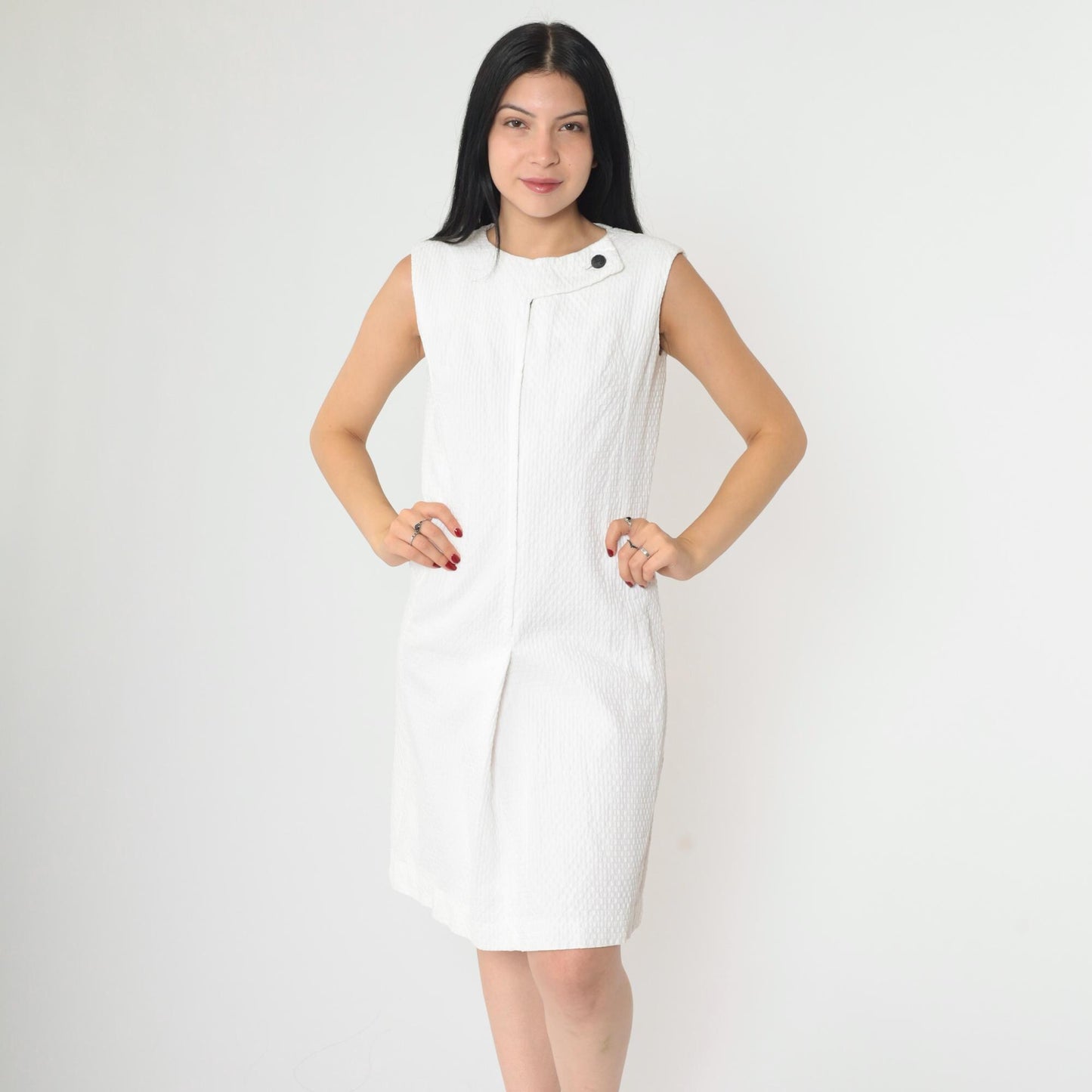 60s White Mod Mini Shift Dress Sleeveless Front Zip Textured Small