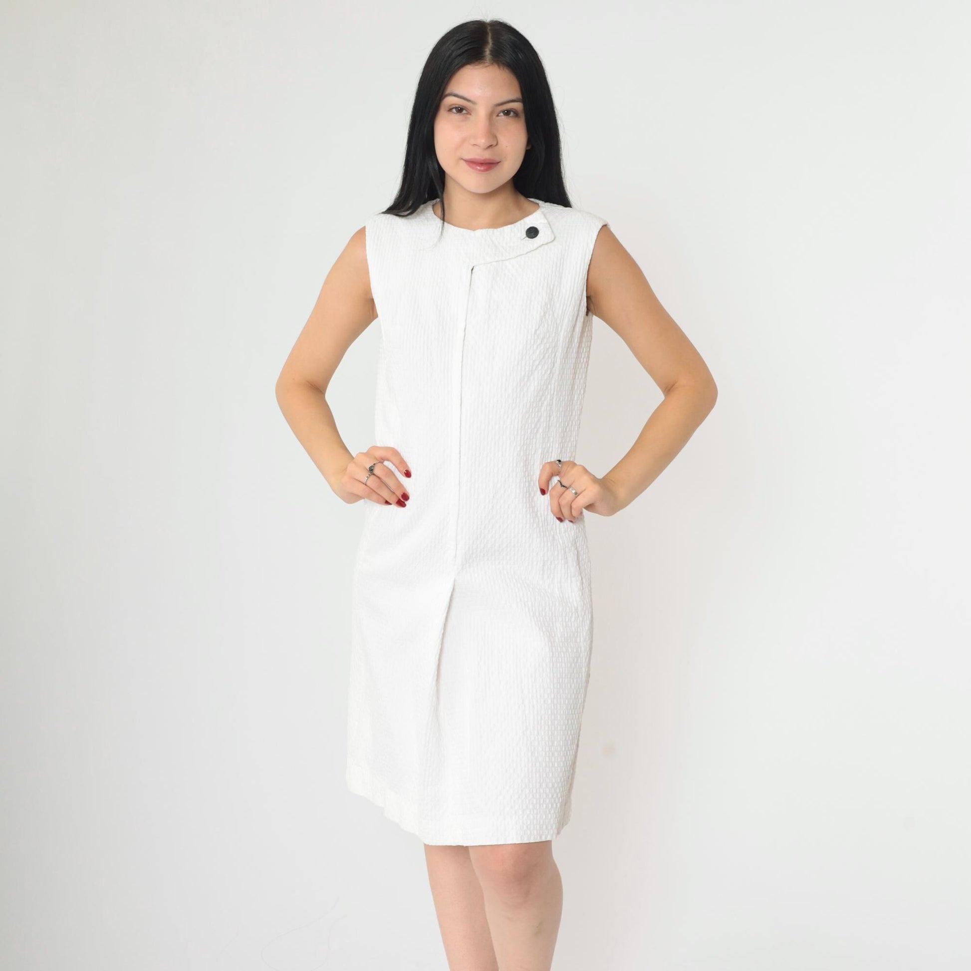 60s White Mod Mini Shift Dress Sleeveless Front Zip Textured Small