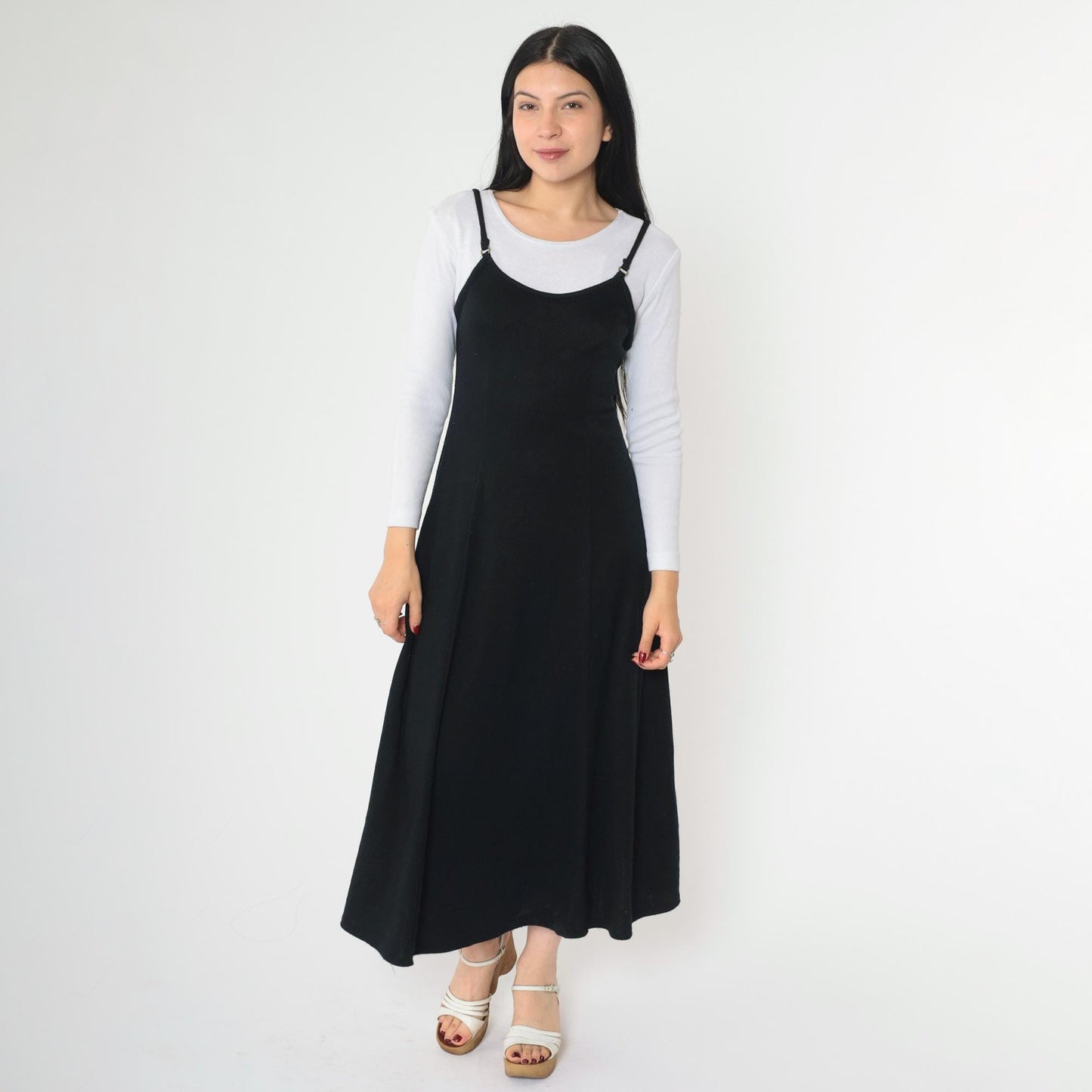 90s Black Midi Dress White Lace-Up Back Attached Shirt Small