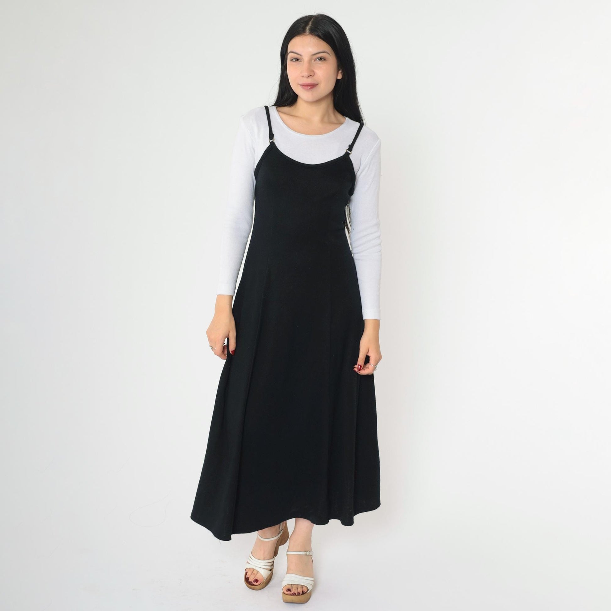 90s Black Midi Dress White Lace-Up Back Attached Shirt Small