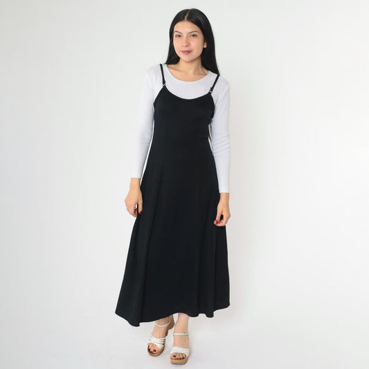 90s Black Midi Dress White Lace-Up Back Attached Shirt Small
