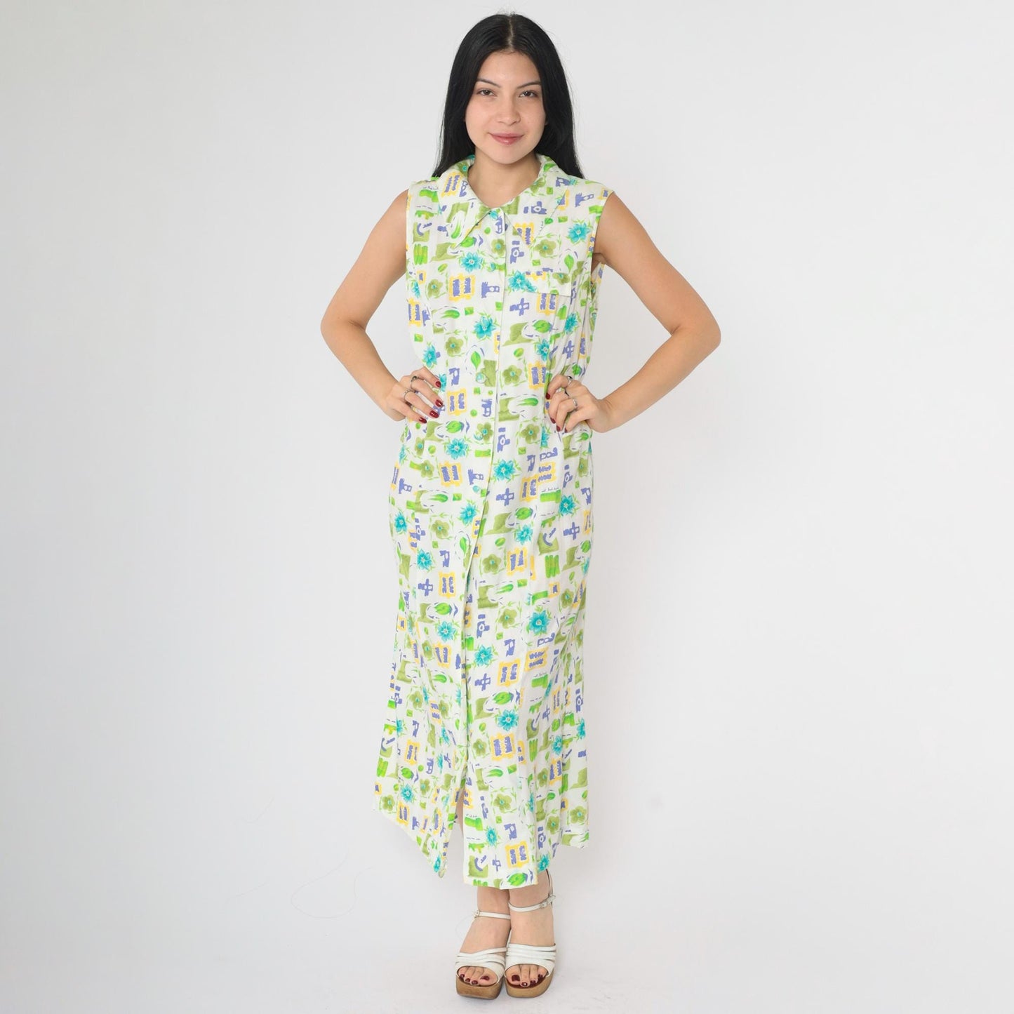 90s Floral Button-Up Dress White Green Blue Rayon Ankle Length Medium M