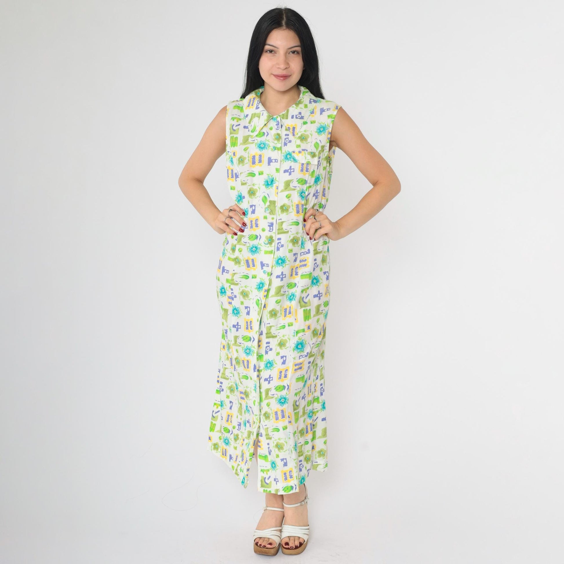 90s Floral Button-Up Dress White Green Blue Rayon Ankle Length Medium M