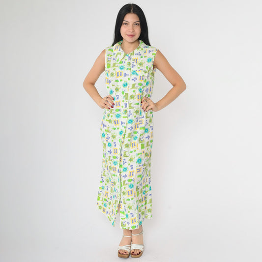 90s Floral Button-Up Dress White Green Blue Rayon Ankle Length Medium M