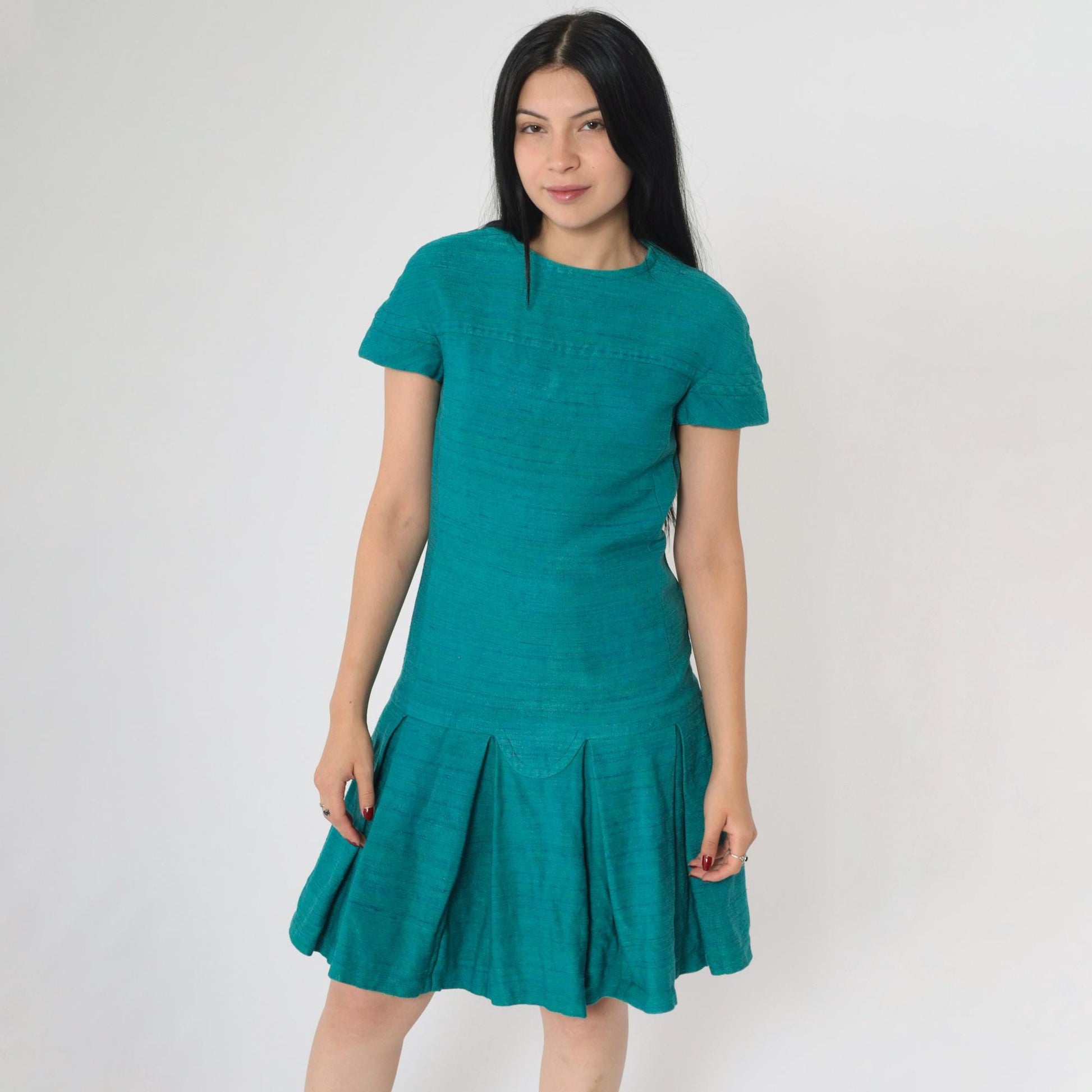 60s Mod Mini Dress Teal Drop Waist Pleated Short Sleeve Extra Small