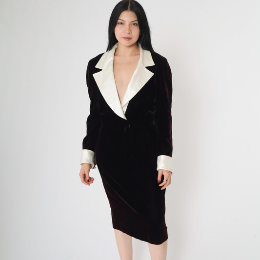 90s Black Velvet Wrap Dress White Satin Collar Deep V Midi Medium
