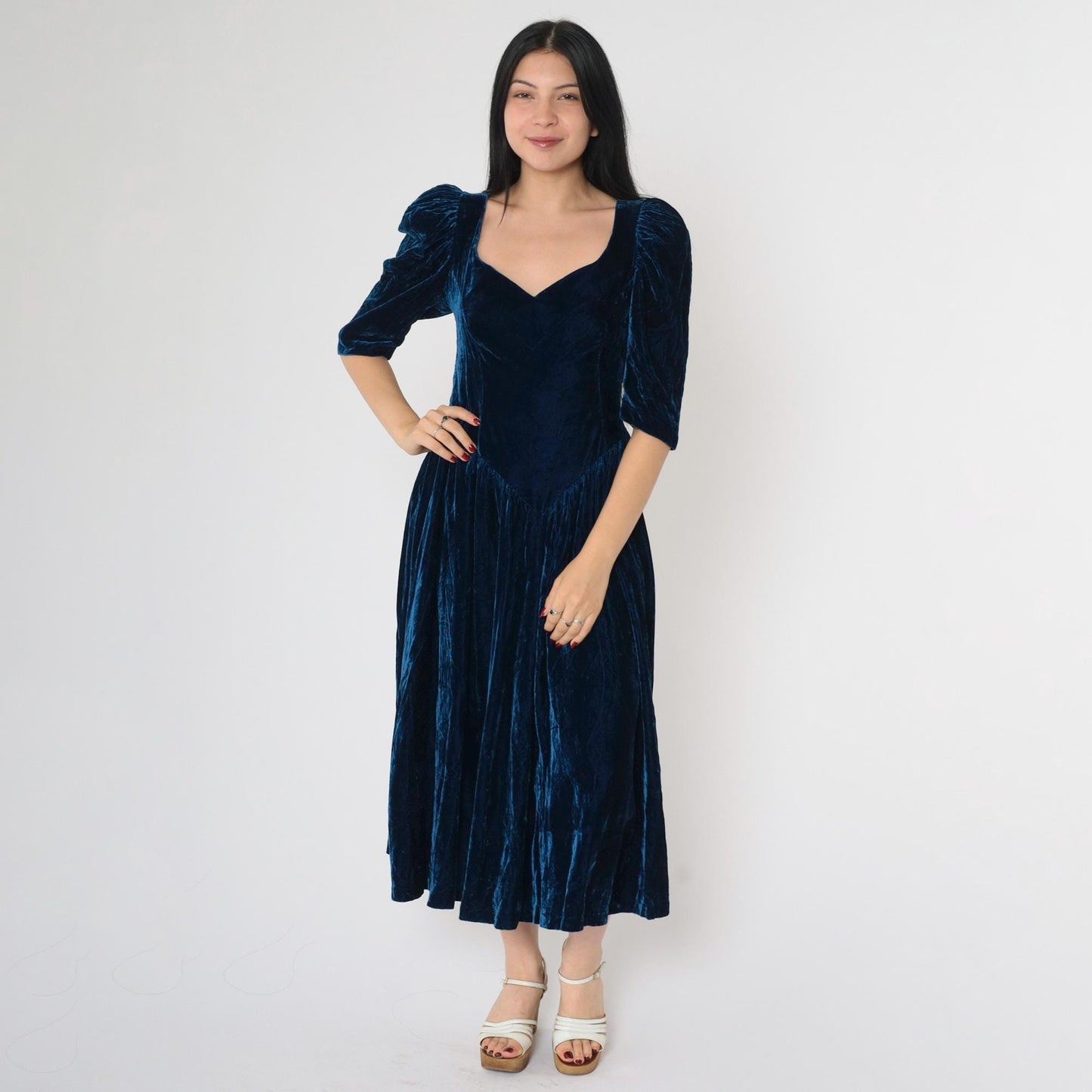 80s Blue Velvet Midi Dress Puff Sleeve Sweetheart Neckline Basque Waist Extra Small