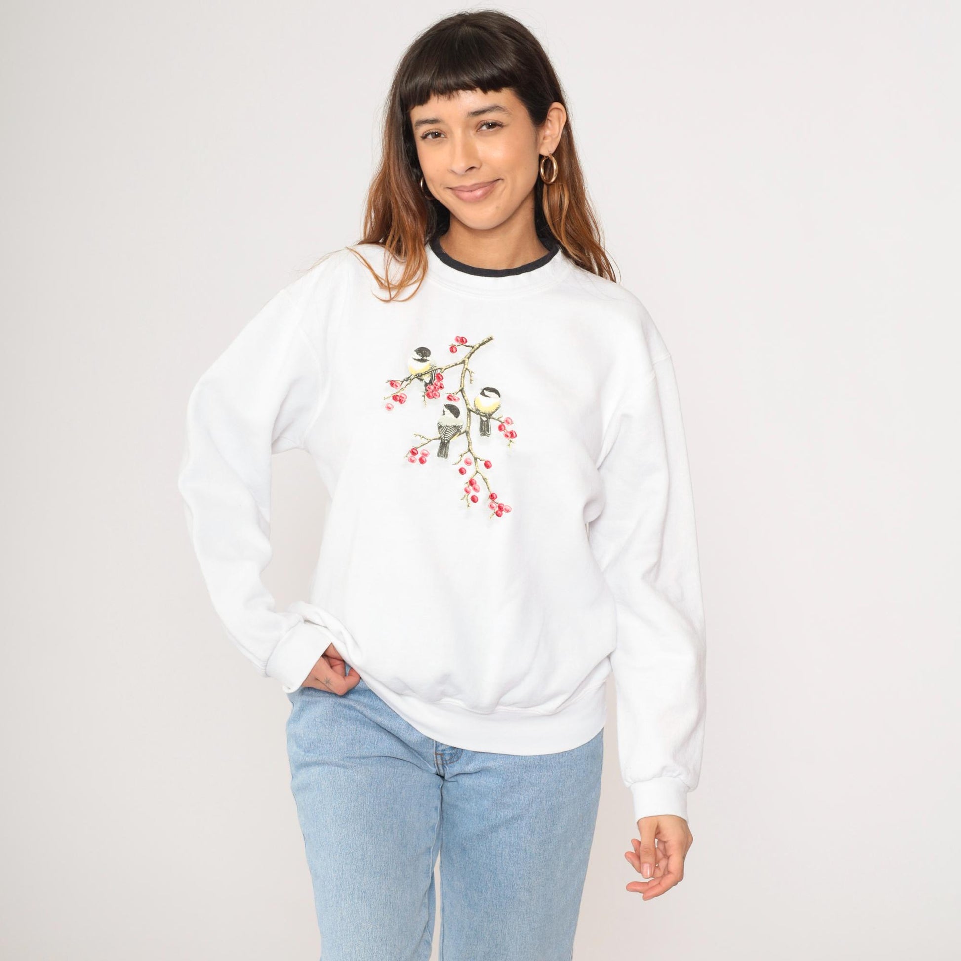 90s Chickadee Bird Sweatshirt White Double Collar Graphic Crewneck Large L