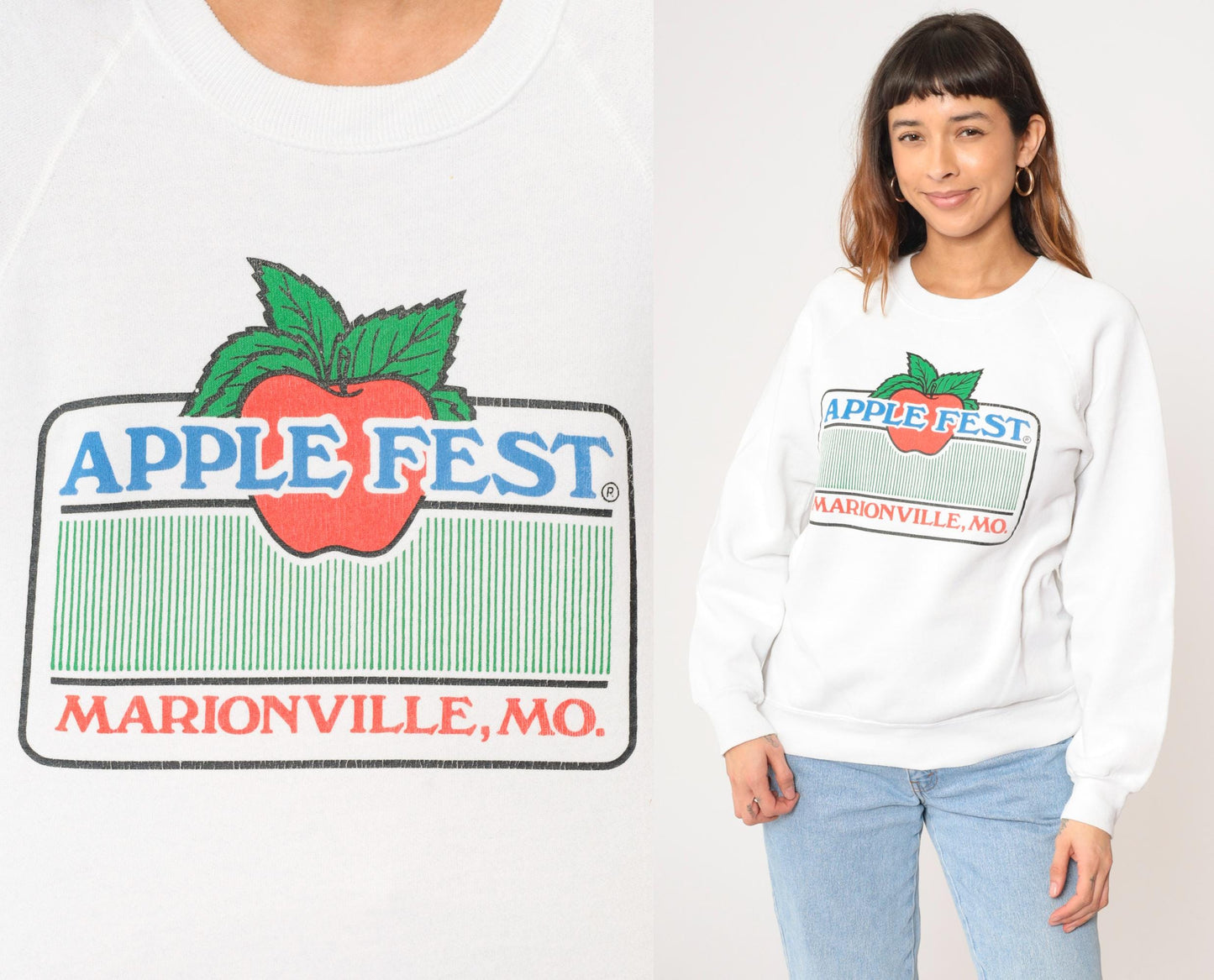 90s Apple Fest Marionville Missouri Graphic Sweatshirt White Raglan Small