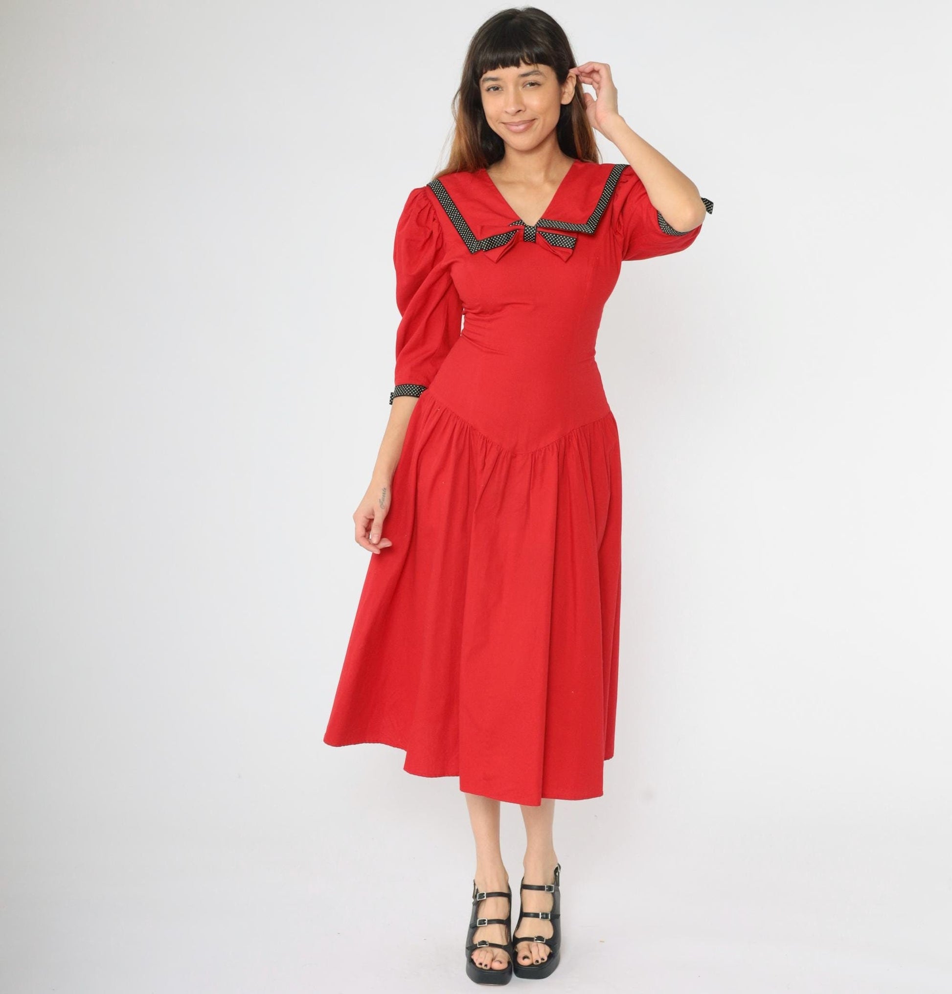 80s Red Nautical Sailor Collar Puff Sleeve Midi Dress Polka Dot Bow Small