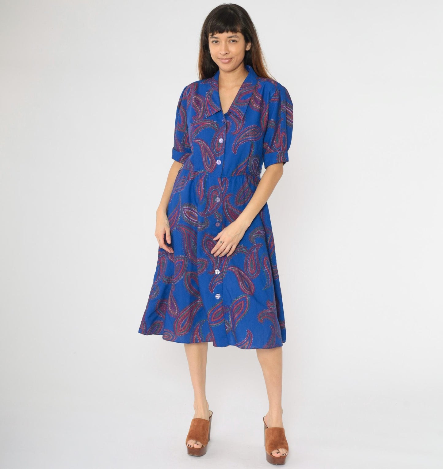 80s Paisley Midi Shirtdress Royal Blue High Waist Puff Sleeve Button Up Medium