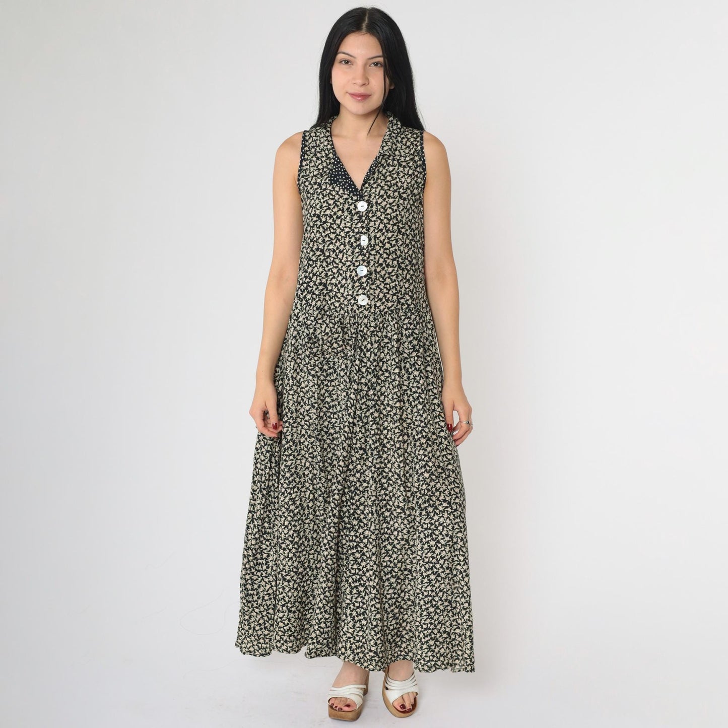 90s Black Floral Sleeveless Dress Button-Up Drop Waist Ankle Length Medium M