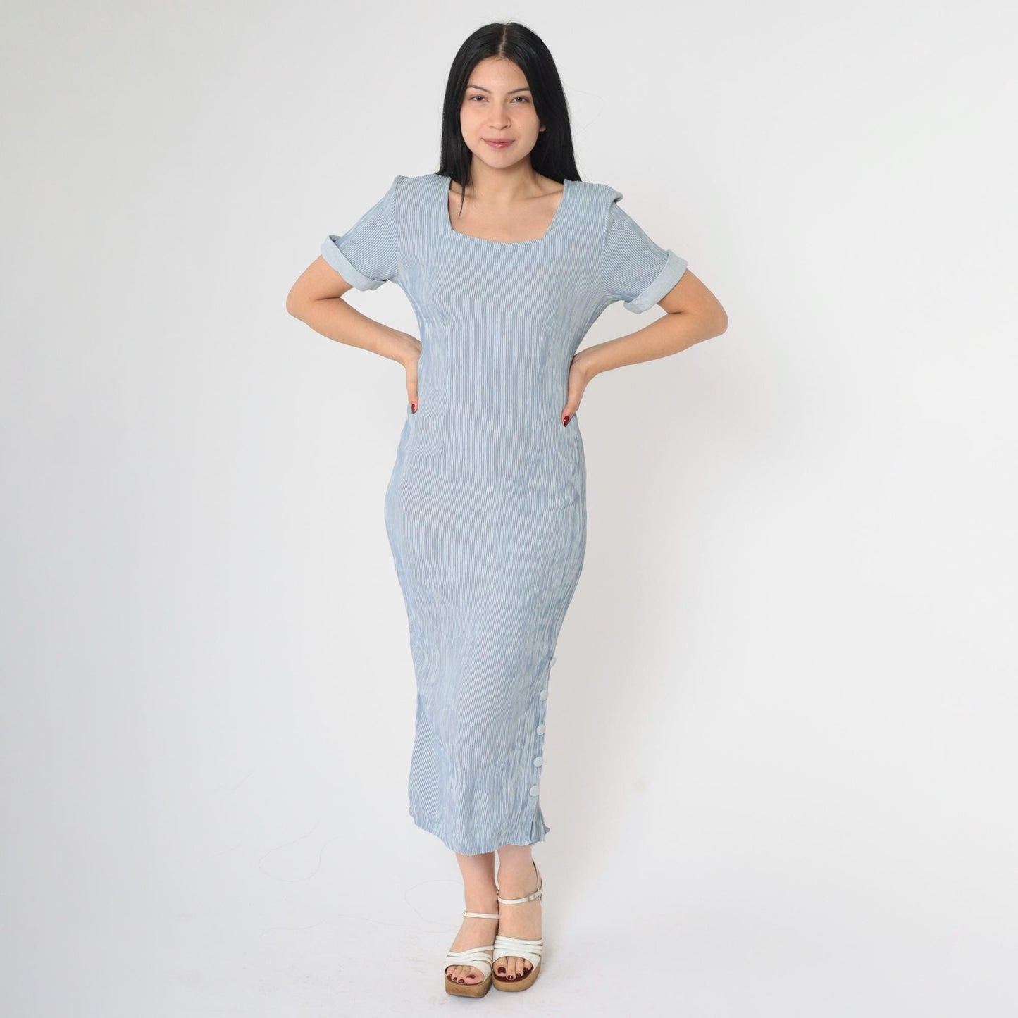 90s Blue White Striped Midi Sheath Dress Cuffed Sleeves Small S