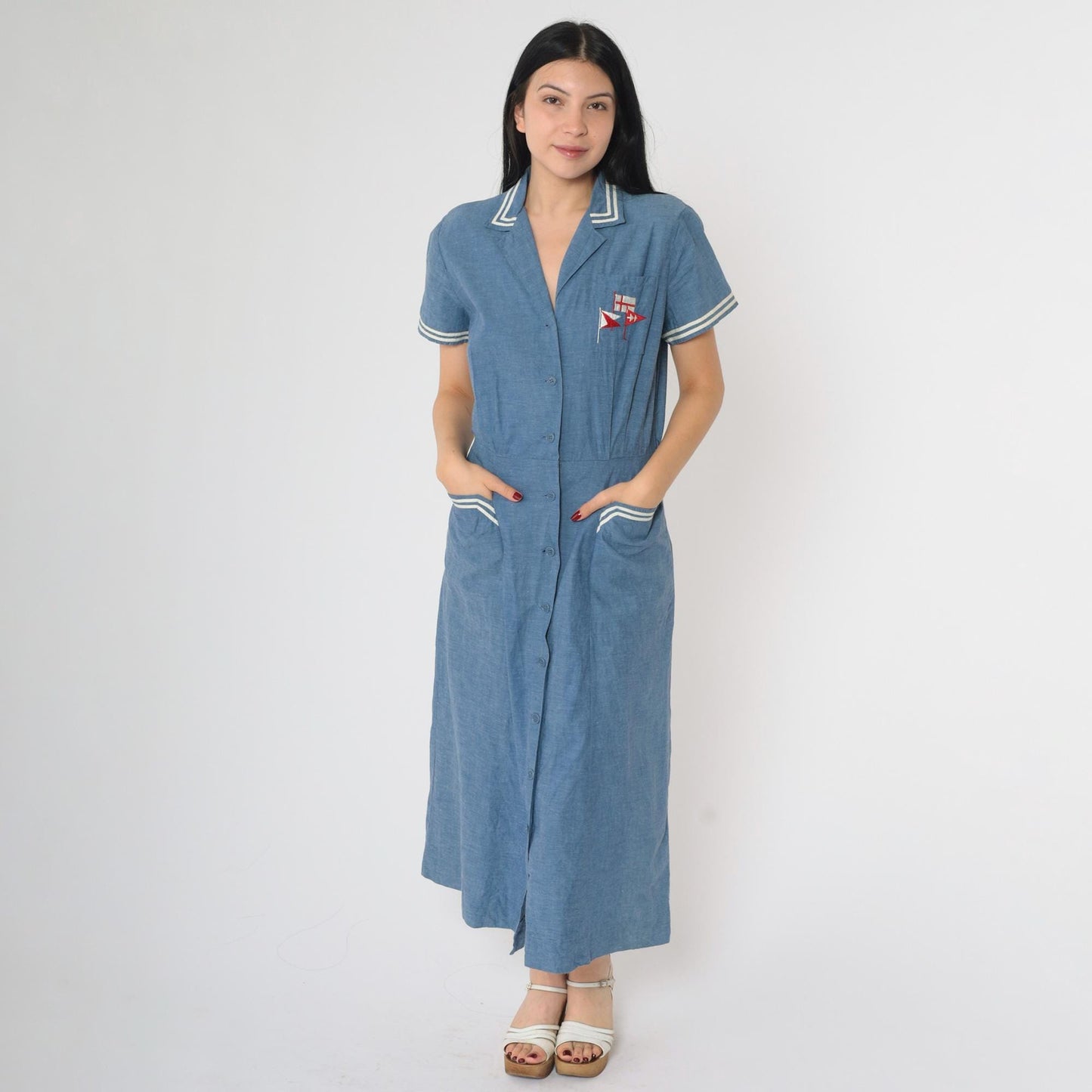 80s Nautical Chambray Shirt Dress Embroidered Flags Midi Blue Small Medium