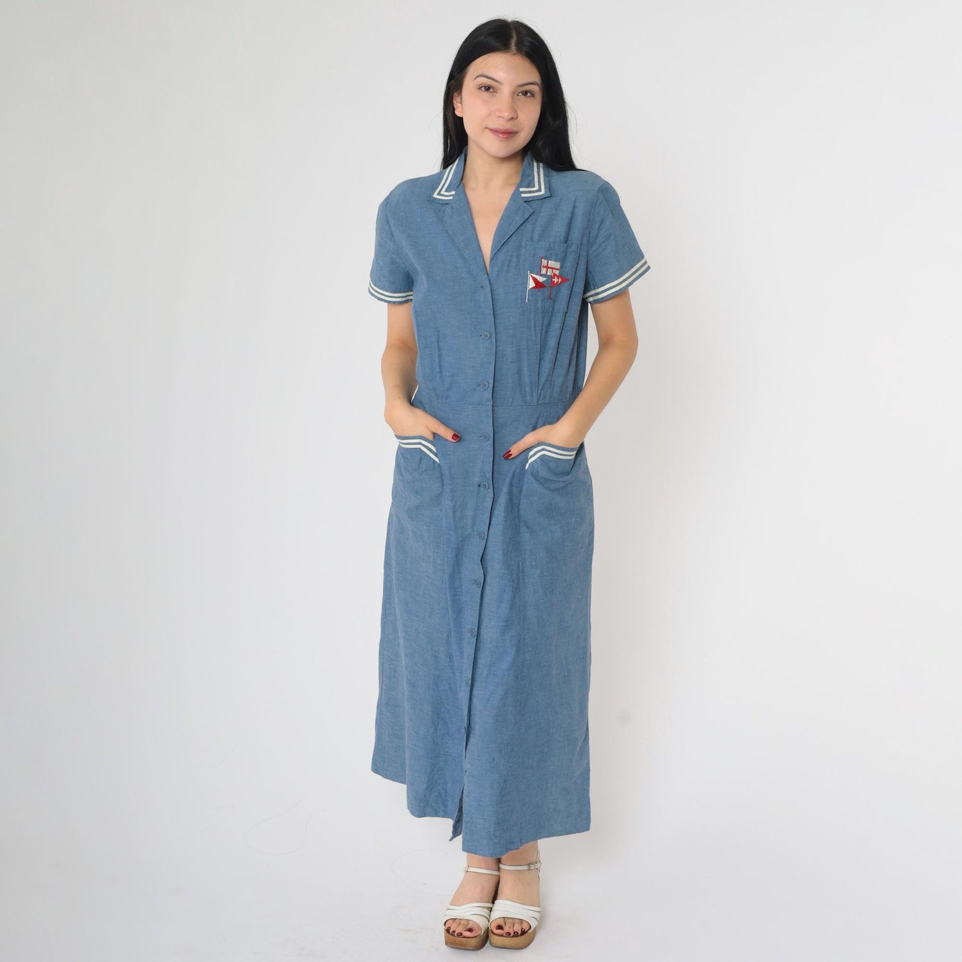 80s Nautical Chambray Shirt Dress Embroidered Flags Midi Blue Small Medium