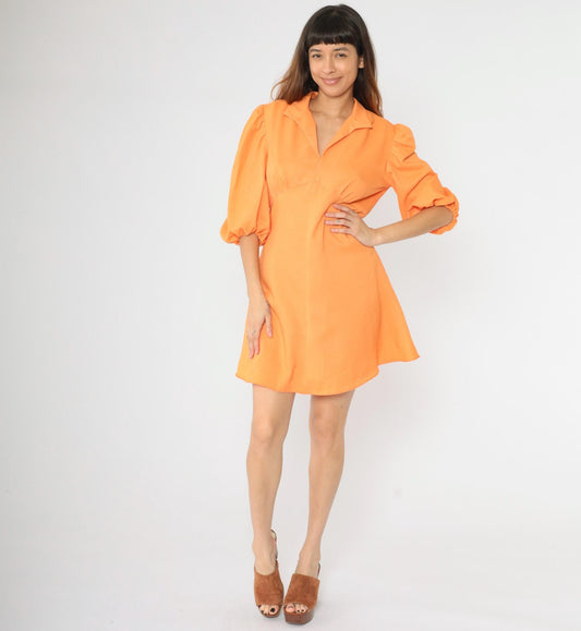 1970s Orange Puff Sleeve Babydoll Mini Dress Empire Waist Large L