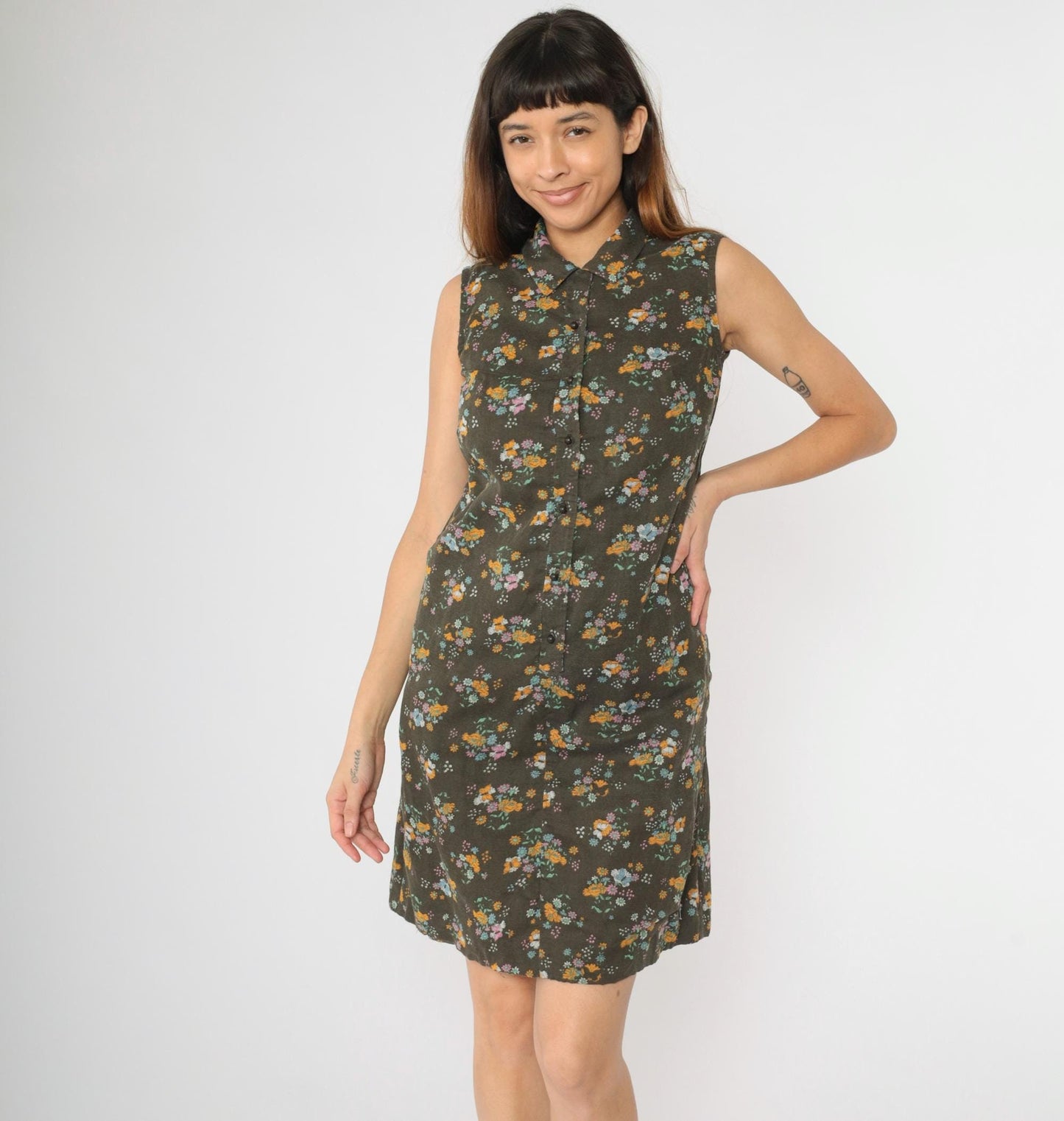1960s Brown Floral Butterfly Shift Dress Sleeveless Button-Up Small