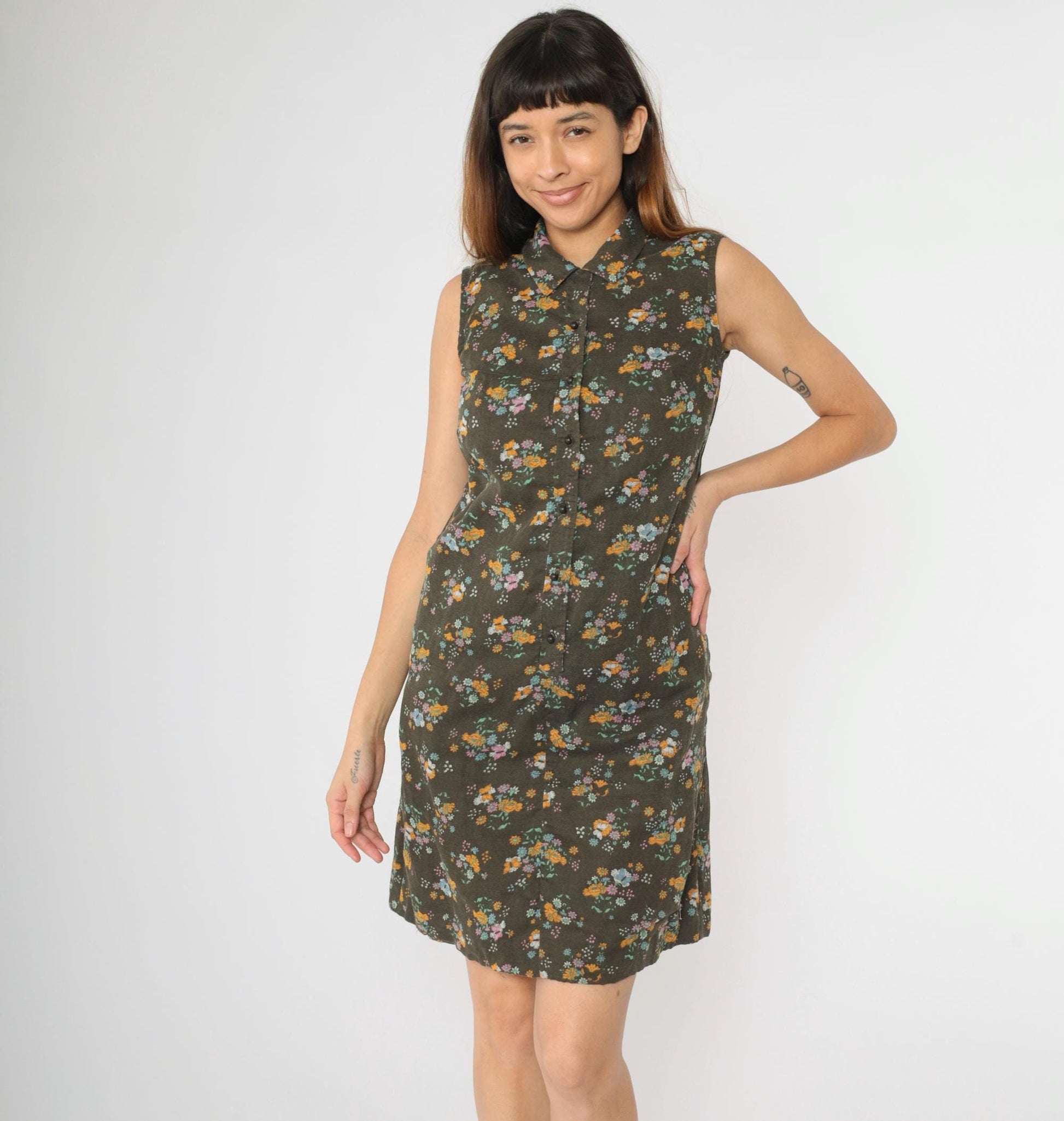 1960s Brown Floral Butterfly Shift Dress Sleeveless Button-Up Small