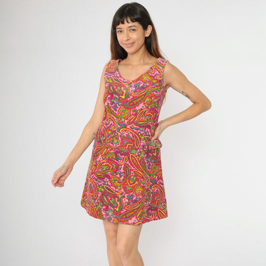 60s Pincord Psychedelic Paisley Corduroy Mini Dress Pink Scoop Neck Small