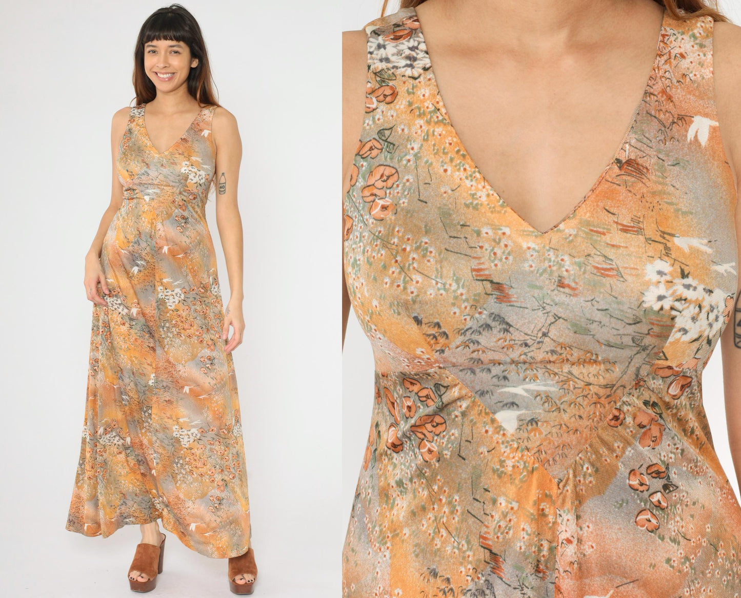 70s Floral Crane Print Maxi Dress Empire Waist V-Neck Grey Orange Small S