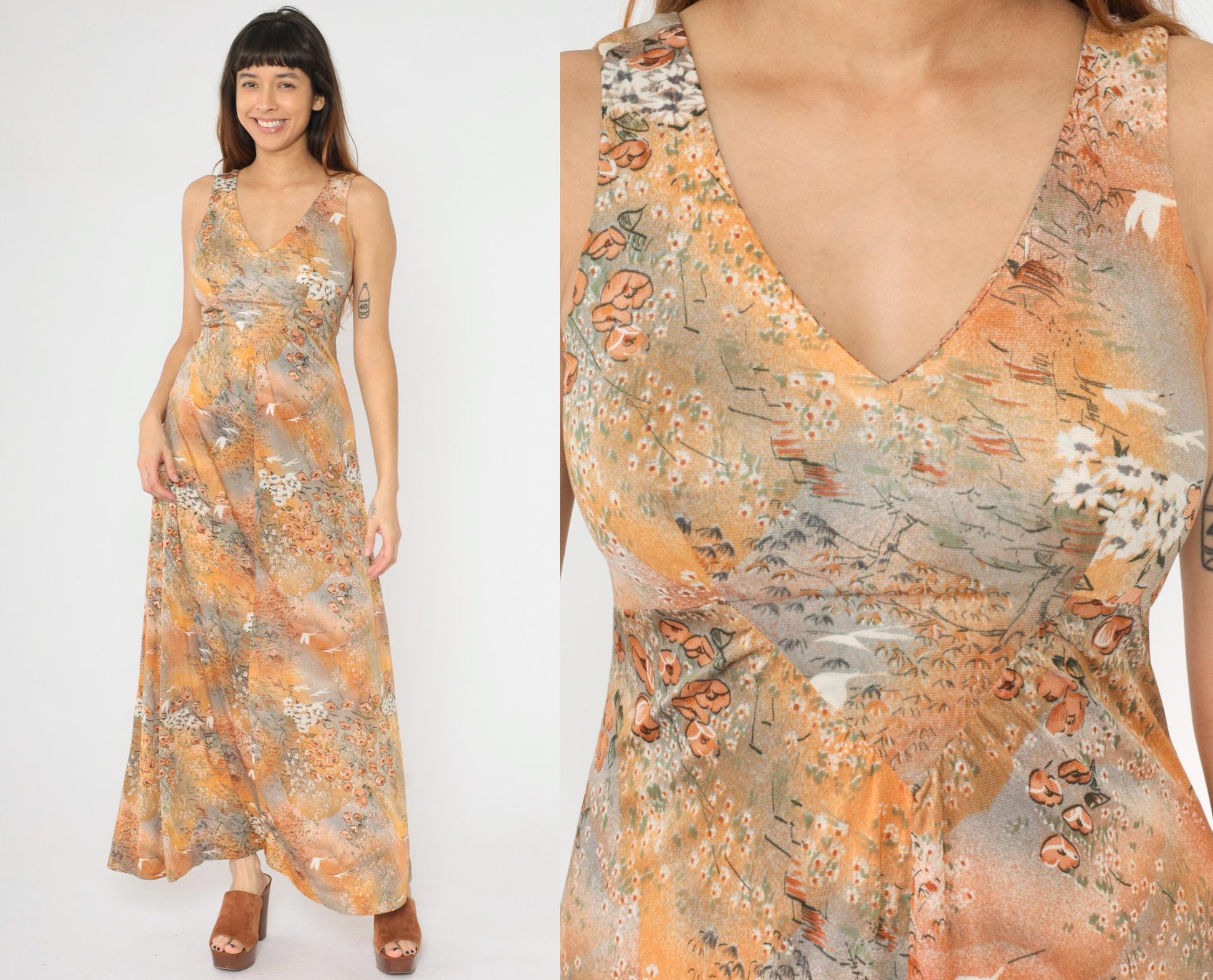 70s Floral Crane Print Maxi Dress Empire Waist V-Neck Grey Orange Small S