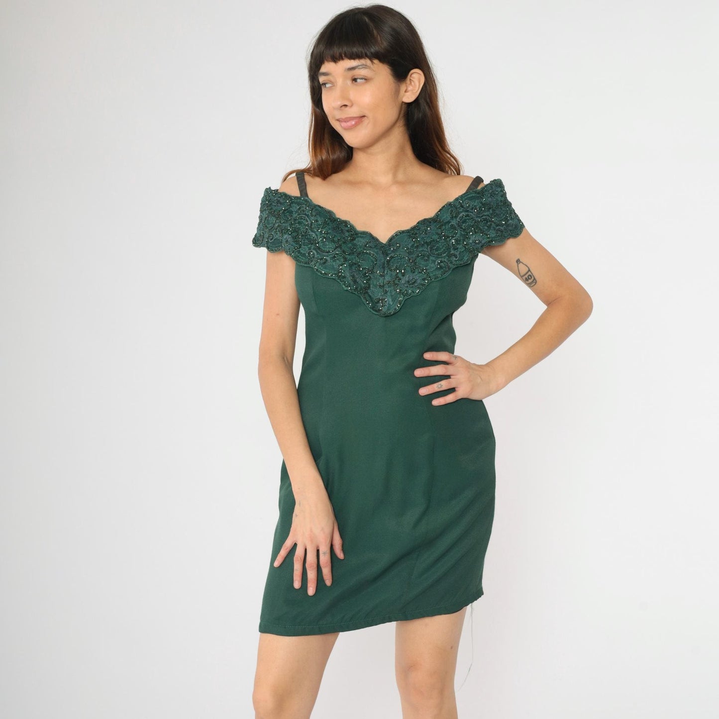 80s Niki Originals Off-Shoulder Party Dress Deep Green Lace Glitter Medium