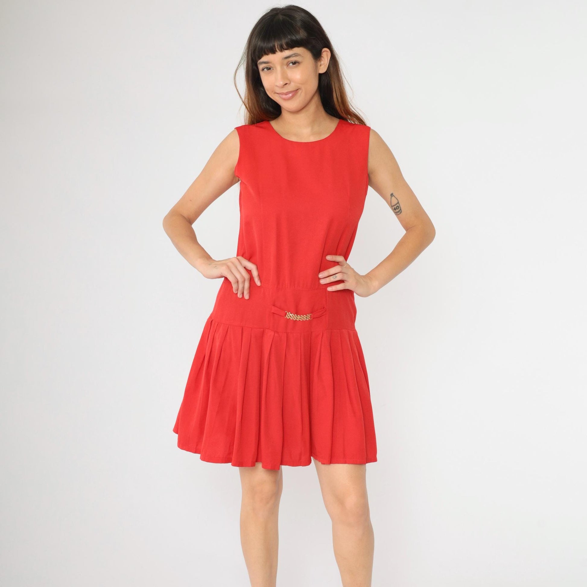 90s Red Mod Shift Dress Drop Waist Pleated Gold Accent Small S