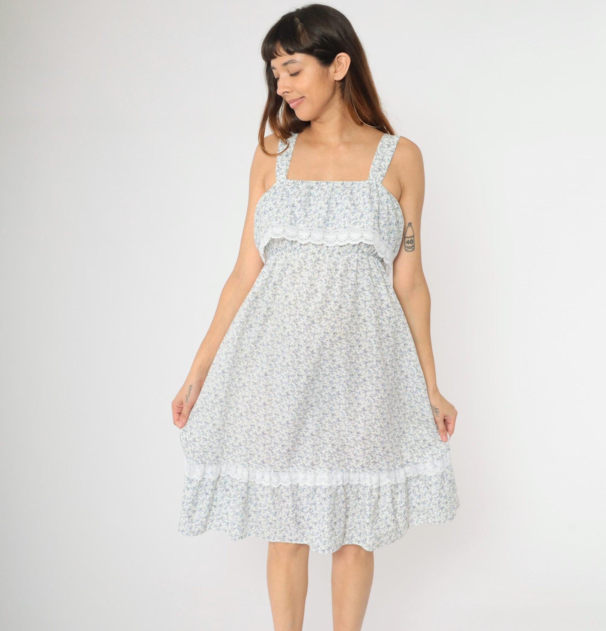 70s Floral Midi Dress Empire Waist Ruffle Lace Trim Blue White Small
