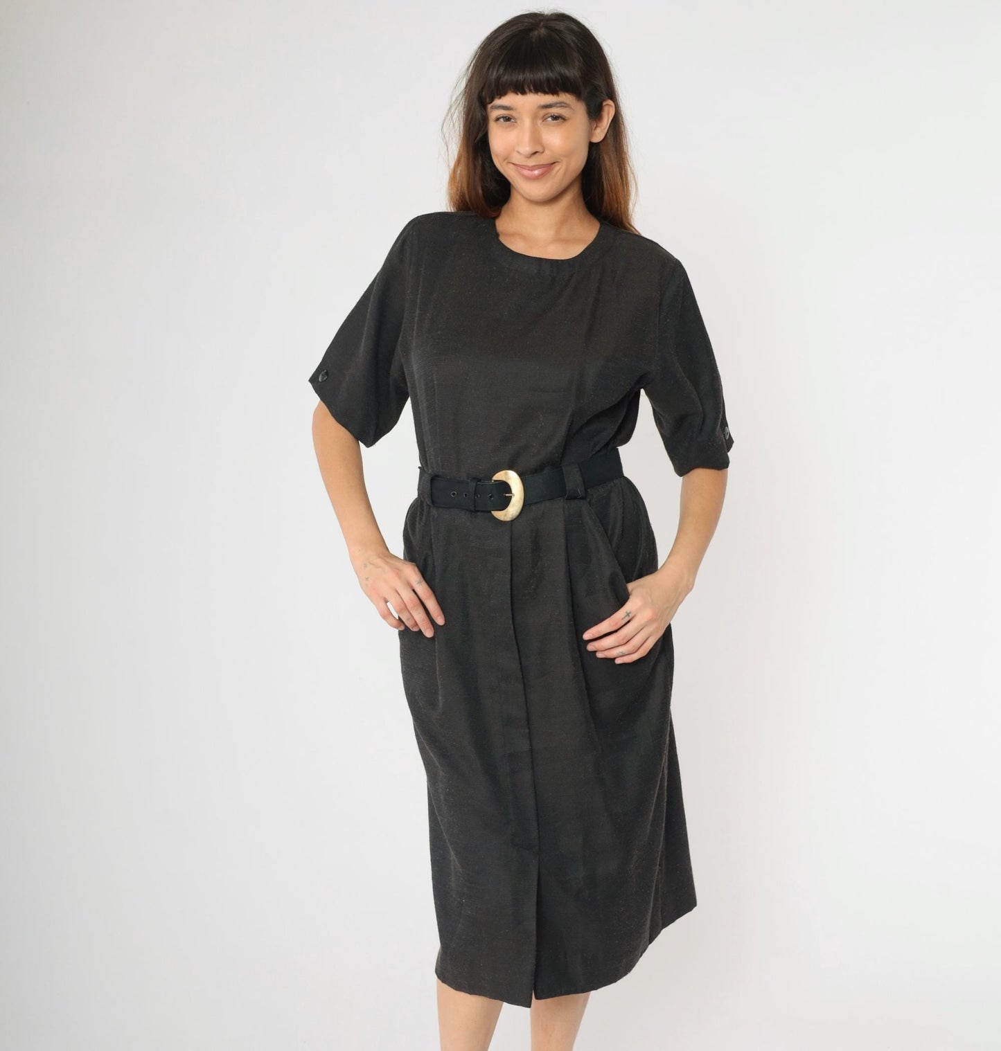 80s Black Midi Dress Button Back High Waist Belt Gold Buckle Medium Petite