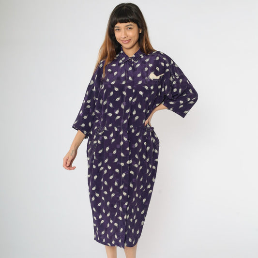80s Leslie Fay Purple Leaf Embossed Grid Midi Shirtdress Large XL