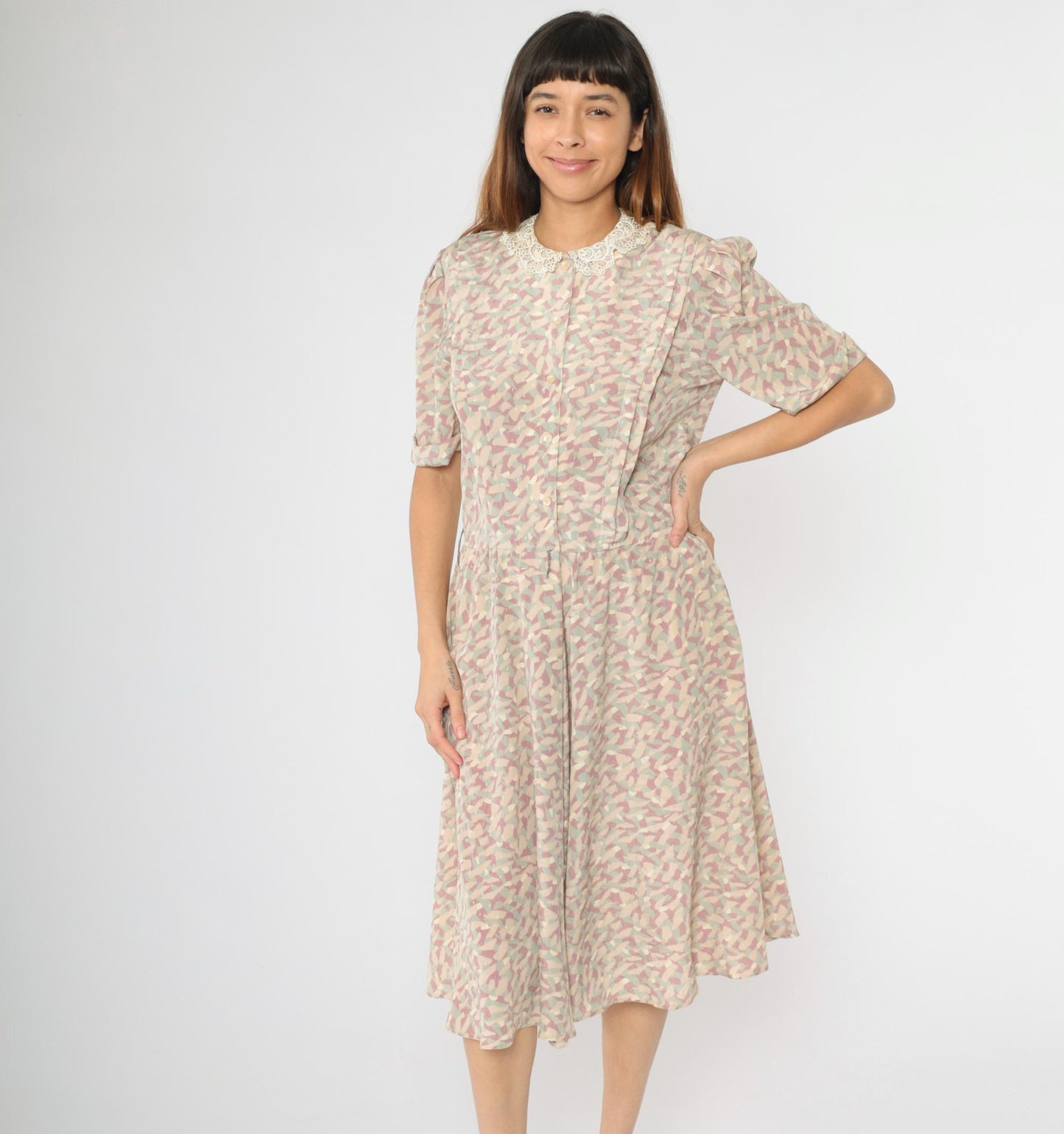80s Jackie Taub Abstract Pastel Midi Dress Puff Sleeve Lace Collar Small