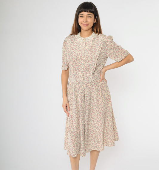80s Jackie Taub Abstract Pastel Midi Dress Puff Sleeve Lace Collar Small