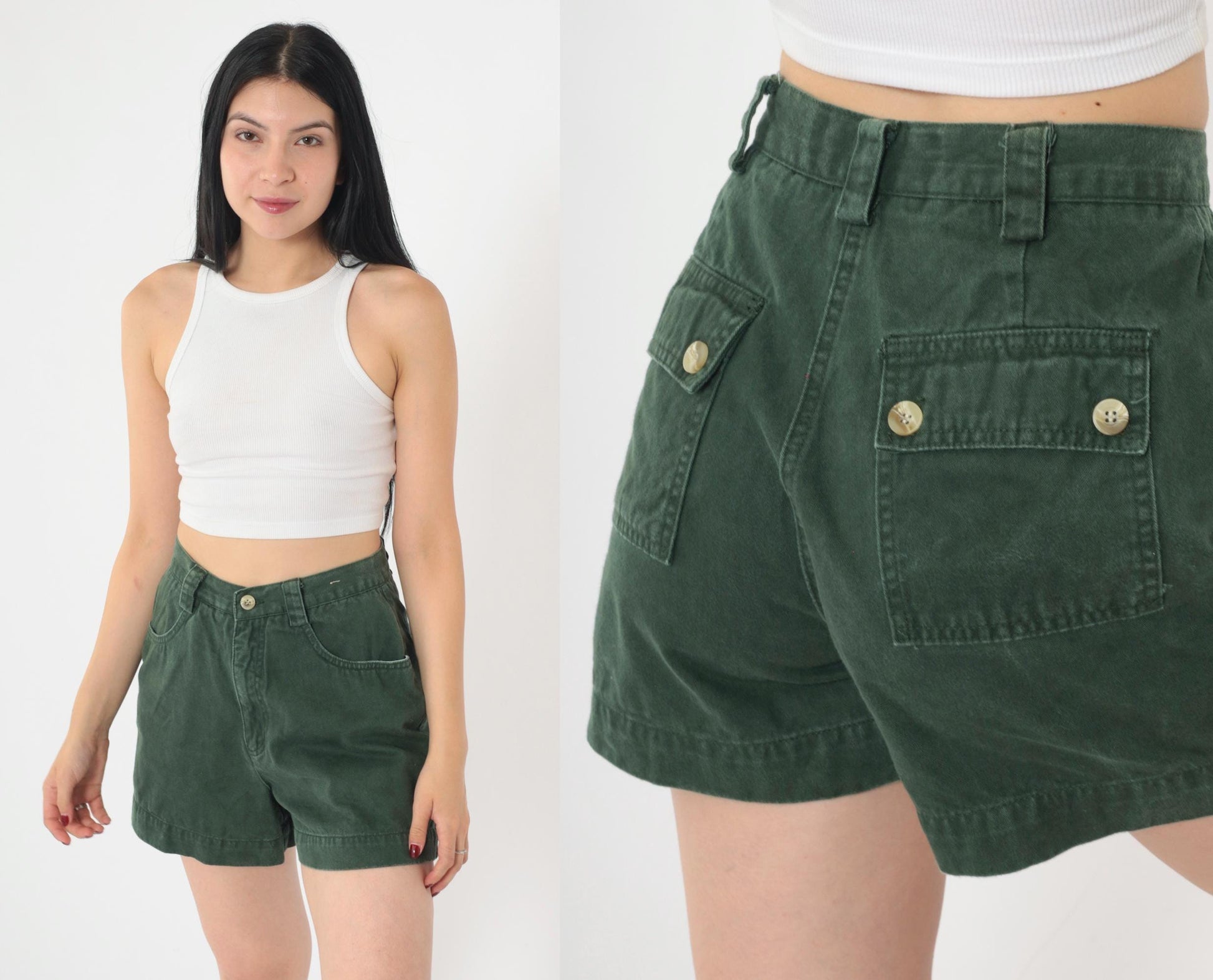 90s Dark Green Cotton Cargo Shorts High Waist Utility Pockets Small 3