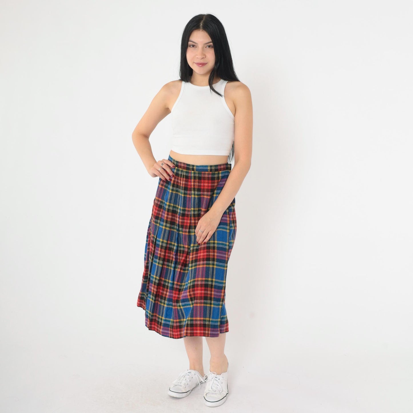 80s Ann Stevens Wool Plaid Midi Skirt High Waist Wrap Tartan Small