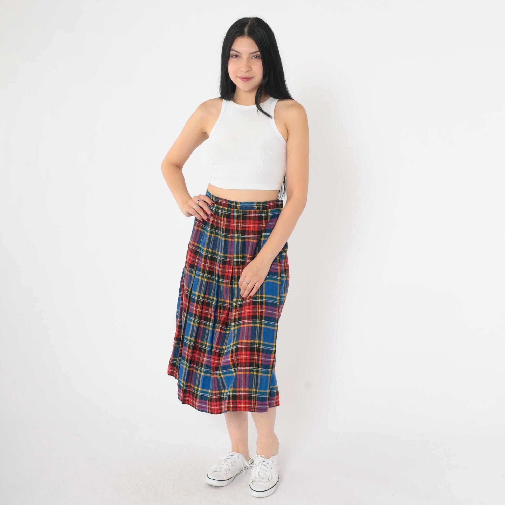 80s Ann Stevens Wool Plaid Midi Skirt High Waist Wrap Tartan Small